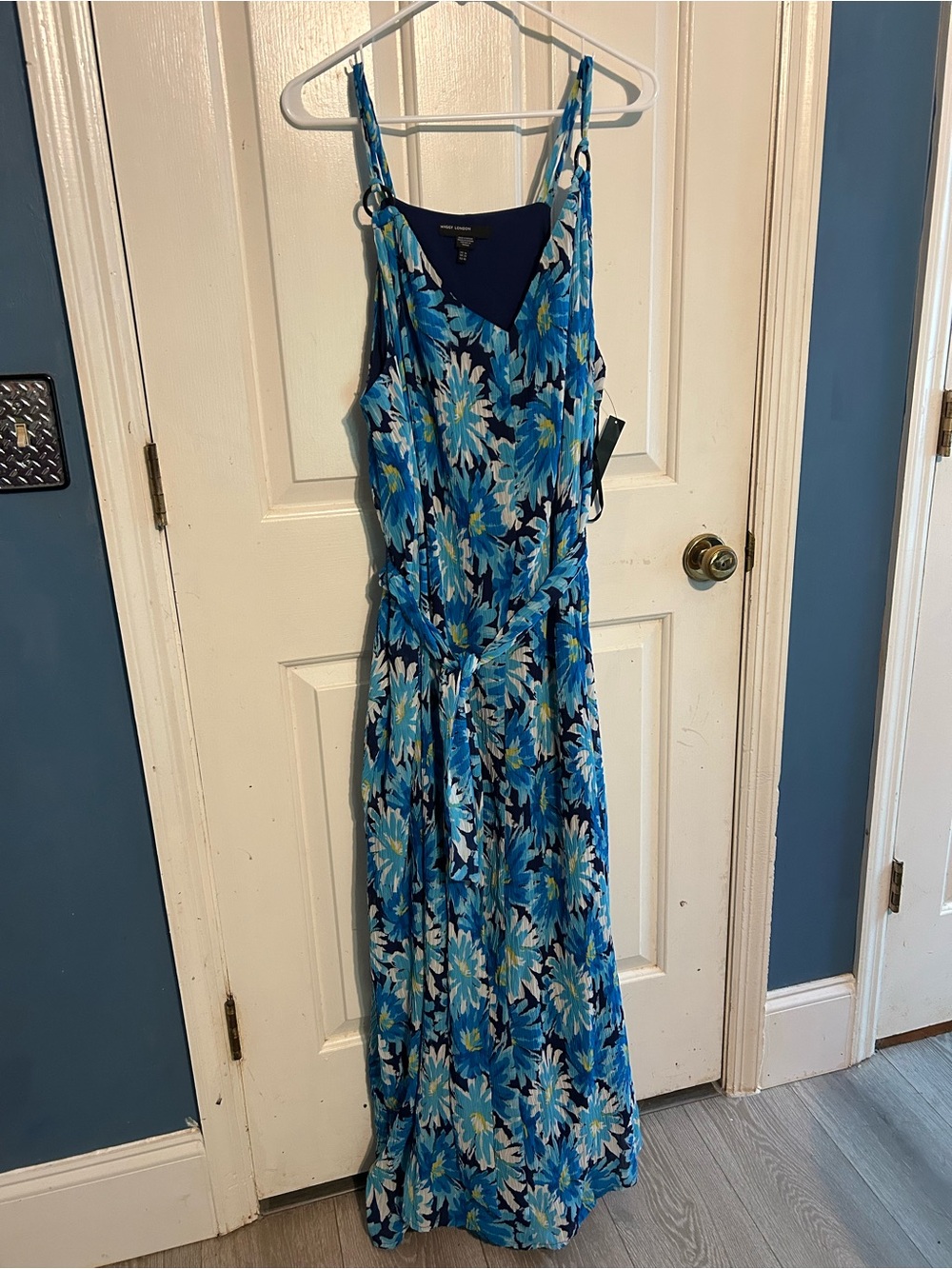 Maggy London Blue Floral Maxi Dress with Aqua Accents
